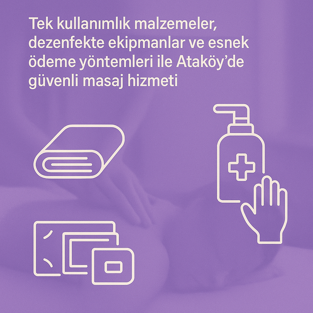 Ataköy evde masaj hizmetinde tek kullanımlık malzemeler, dezenfeksiyon ve elden ödeme, havale ve dijital cüzdan seçeneklerini anlatan hijyen ve ödeme görseli