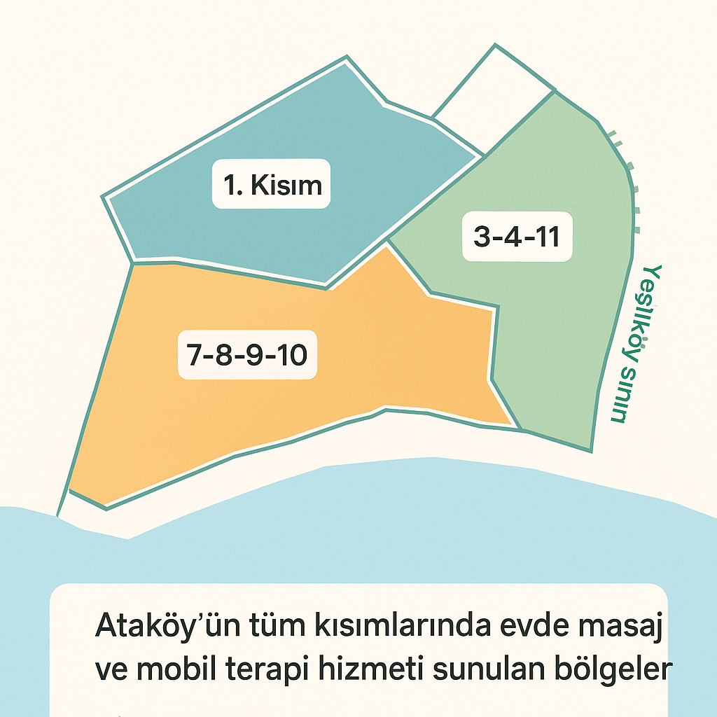 Ataköy masaj ve masözleri hizmetinin verildiği Ataköy 1. Kısım, 2-5-6, 3-4-11, 7-8-9-10 kısımları ve Yeşilköy sınırı haritası