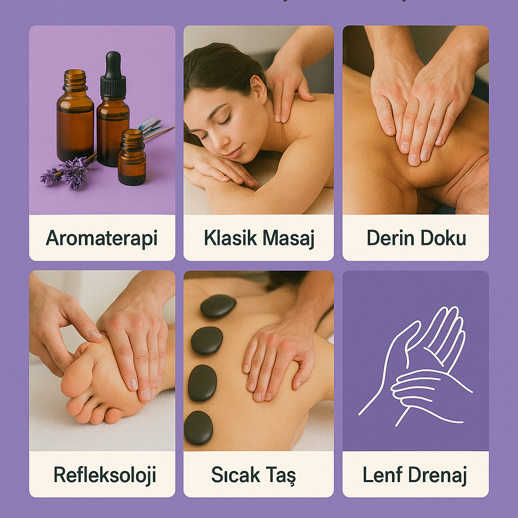 Ataköy masaj ve masözleri hizmetinde sunulan aromaterapi, klasik, derin doku, refleksoloji, sıcak taş, lenf drenaj ve spor masajı kolaj görseli