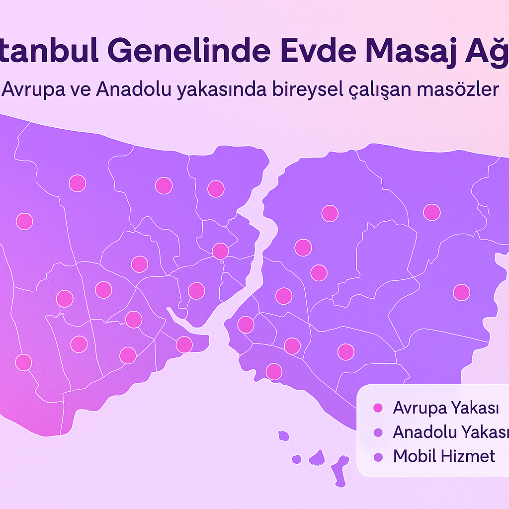 İstanbul evde masaj hizmet ağımız – Masöz Rehberi kapsamındaki bölgeler Masöz Rehberi’nin İstanbul genelinde evde masaj ve mobil masaj hizmeti sunduğu bölgeleri gösteren hizmet ağı görseli
