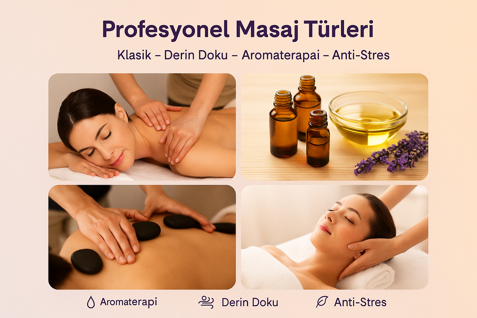 Masöz Rehberi masaj türleri ve profesyonel hizmetler kolaj görseli Klasik, derin doku, aromaterapi ve anti-stres gibi profesyonel masaj türlerini gösteren Masöz Rehberi hizmetler kolajı