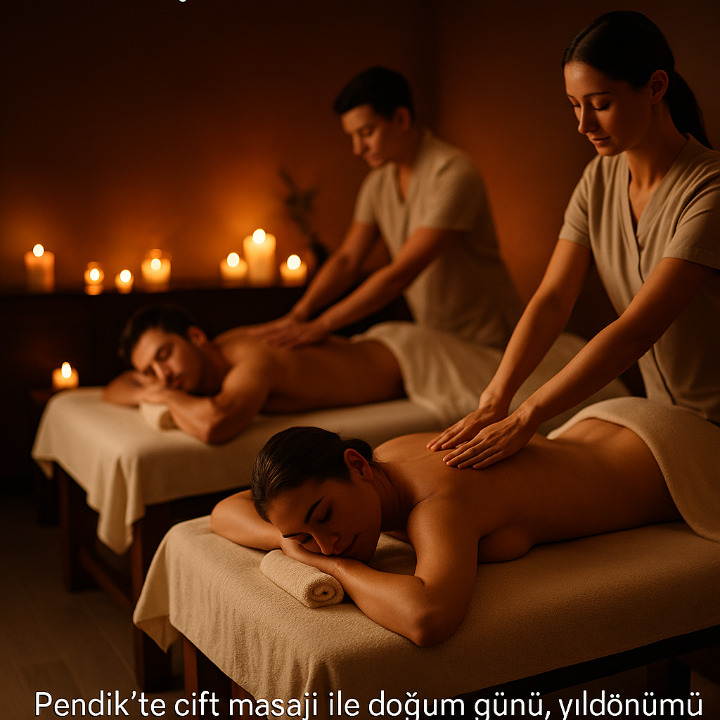 Pendik’te çift masajı için yan yana hazırlanmış iki masaj yatağı ve romantik atmosfer