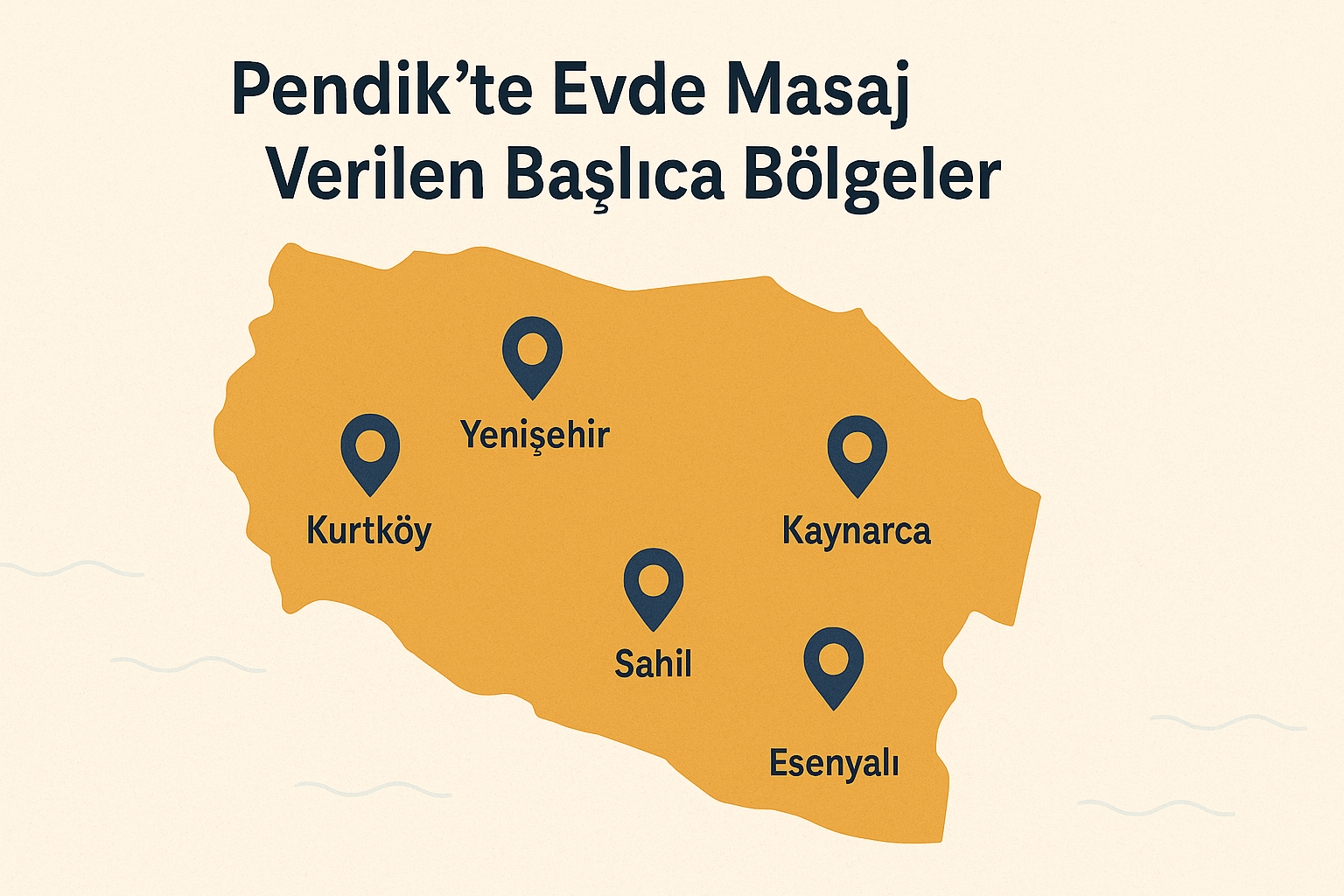 Pendik’te evde masaj hizmeti verilen Kurtköy, Yenişehir, sahil, Kaynarca ve Esenyalı gibi başlıca bölgeleri gösteren harita illüstrasyonu